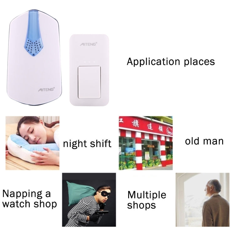 AITENG V026G Life Waterproof Battery-Free Wireless Doorbell, 1 Receiver + 1 x Transmitter, Receiver Distance: 130m, US Plug, V026G AITENG V026G Life Waterproof Battery-Free Wireless Doorbell, 1 Receiver + 1 x Transmitter, Receiver Distance: 130m, US Plug, V026G
